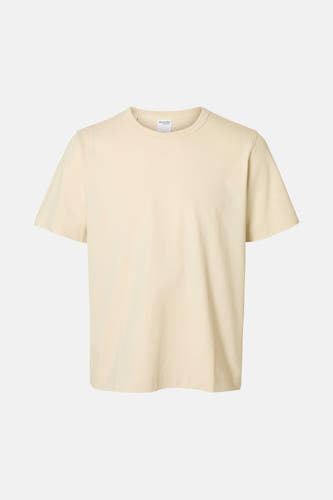 Beige T-shirt met korte mouwen van SELECTED, effen en met een ronde hals.
