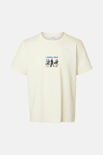 Wit T-shirt met korte mouwen van SELECTED, met een blauwe 'Pan Am' print op de borst.