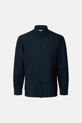 Donkerblauw lange mouwen overhemd van SELECTED, klassiek model met knoopsluiting en gesteven look, front view