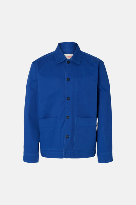 Veste bleue de SELECTED, à manches longues, fermeture boutonnée et deux poches sur le devant.