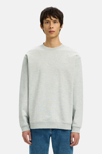 Grijze sweater met ronde hals van SELECTED, met lange mouwen en gedragen met een jeans.