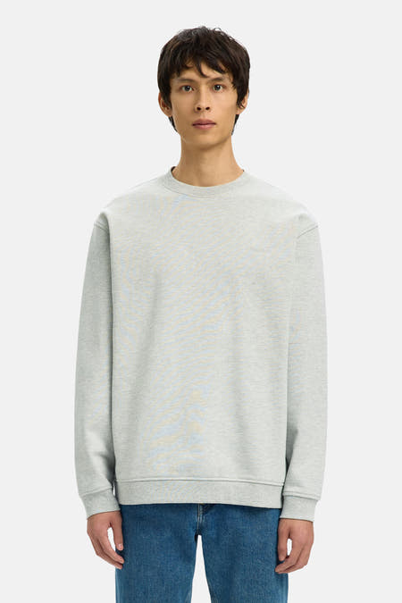Grijze sweater met ronde hals van SELECTED, met lange mouwen en gedragen met een jeans.
