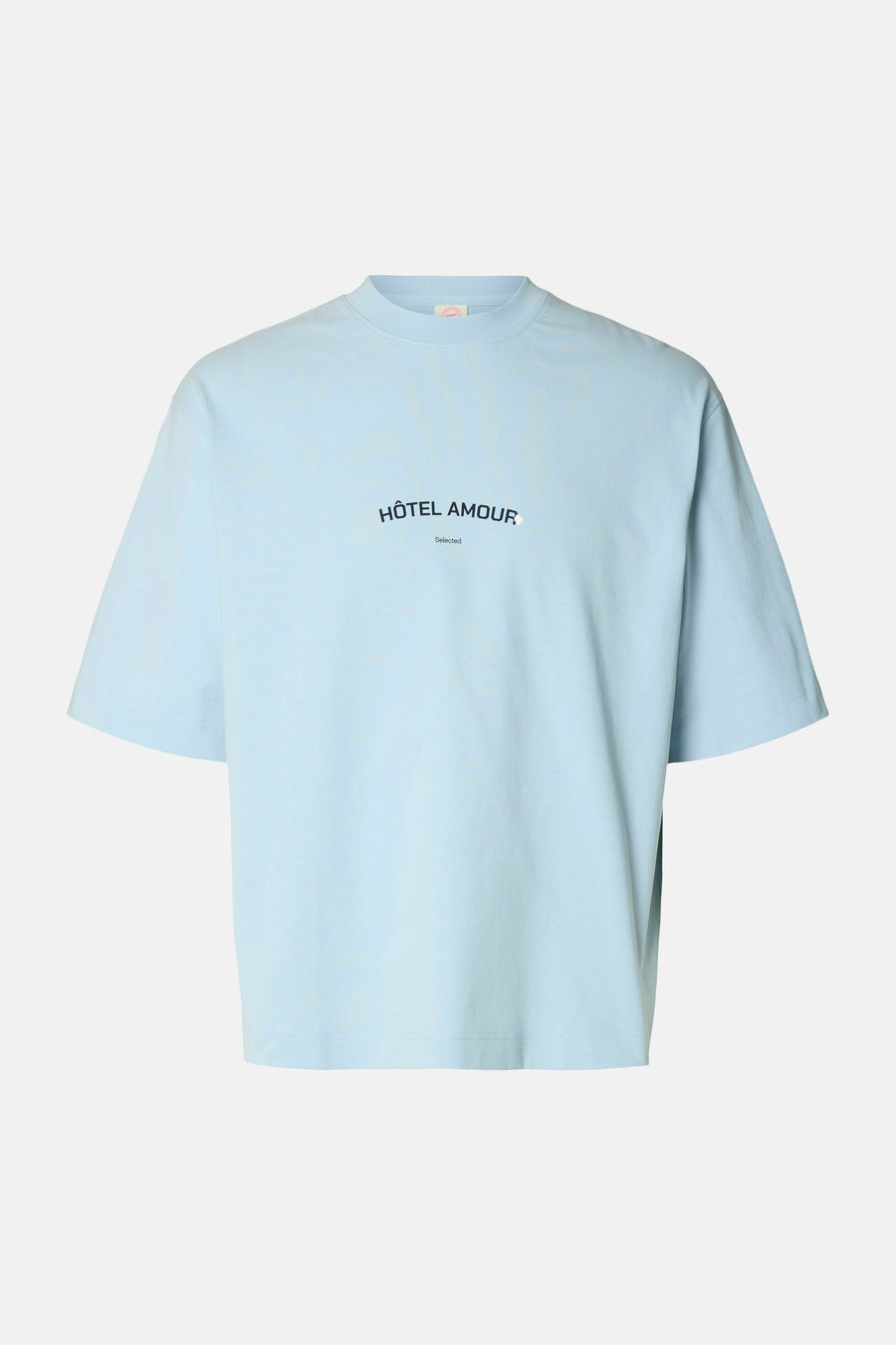 T-shirt bleu de SELECTED, à manches courtes et avec le texte "Hôtel Amour" imprimé dessus.