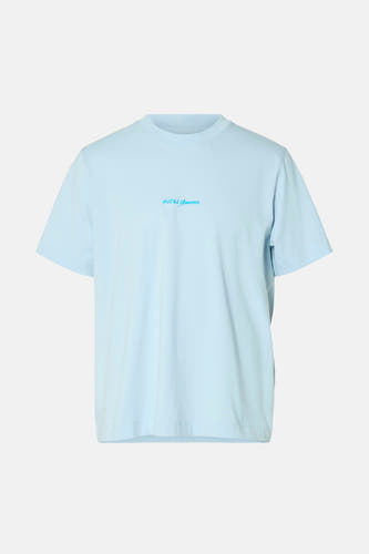 T-shirt bleu de SELECTED, avec un petit imprimé texte sur la poitrine.