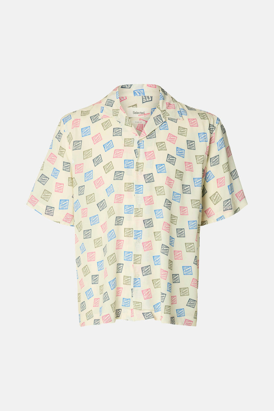 Chemise multicolore à manches courtes de SELECTED, imprimée d'un motif d'hôtel en rose, bleu et vert.