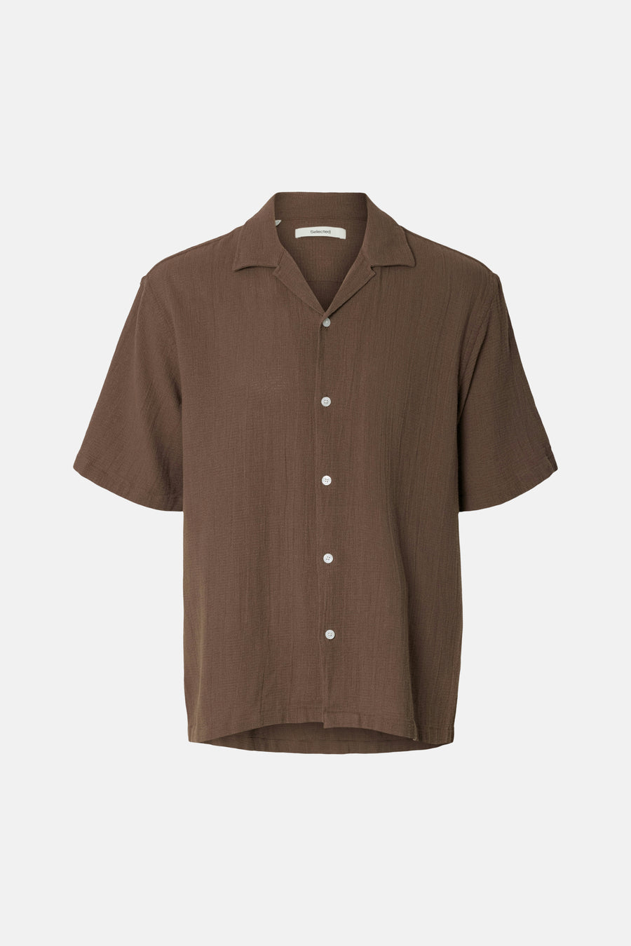 Bruin getextureerd overhemd met korte mouwen van Selected, met een camp collar en witte knopen.