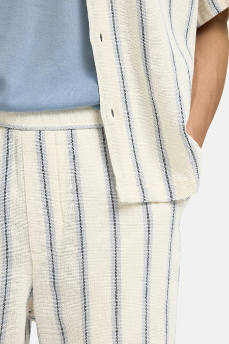 Ecru gestreepte korte broek van SELECTED, met fijne blauwe en zwarte strepen, gebreide textuur, close-up op de taille en zakken