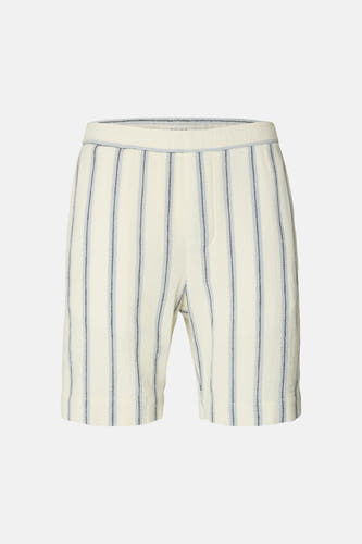 Ecru gestreepte korte broek van SELECTED, met fijne blauwe strepen en elastische tailleband, front view