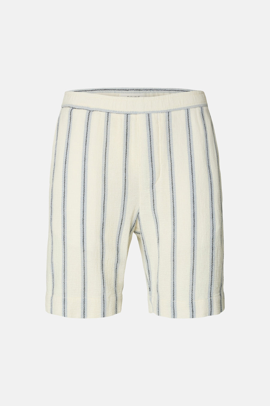Ecru gestreepte korte broek van SELECTED, met fijne blauwe strepen en elastische tailleband, front view