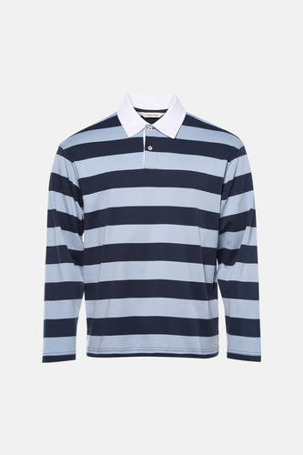 Pull bleu de SELECTED, à manches longues et avec un détail de col blanc à motif rayé.