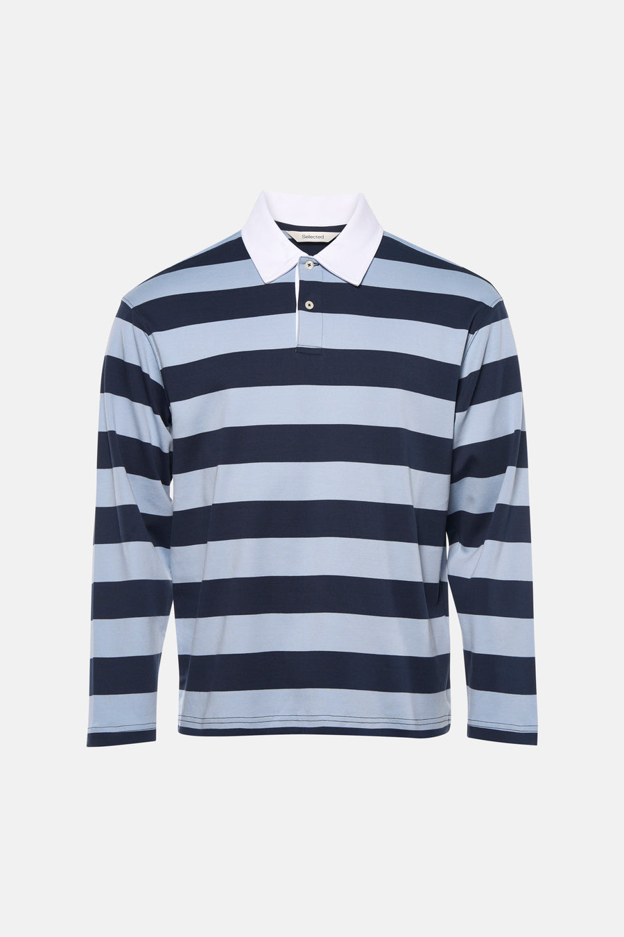 Pull bleu de SELECTED, à manches longues et avec un détail de col blanc à motif rayé.