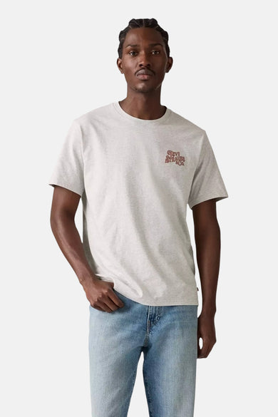 Grijs T-shirt met korte mouwen van Levi's®, met een klein logo op de borst en gecombineerd met een spijkerbroek.