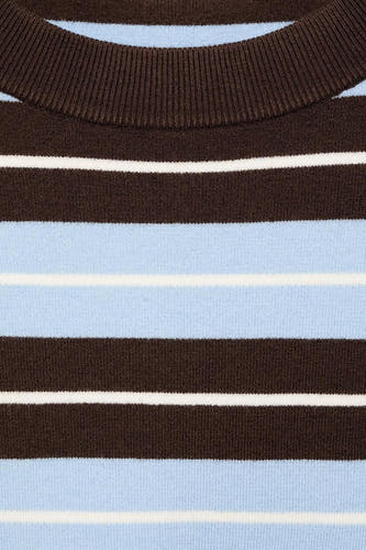 Sweat-shirt multicolore à col rond de MANGO, avec des rayures brunes et bleues et des accents blancs.