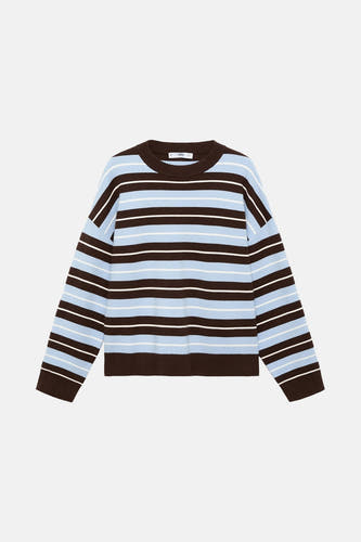 Sweat-shirt multicolore à col rond de MANGO, avec des rayures horizontales brunes, bleues et blanches.