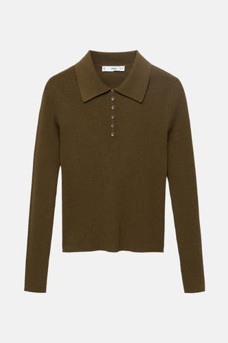 Khaki trui van MANGO, met lange mouwen, kraag en knoopsluiting.

