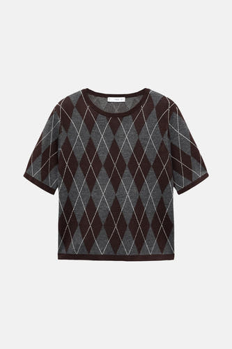 Multikleurige trui met ronde hals van MANGO, met een argyle ruitpatroon in bruin en grijs.