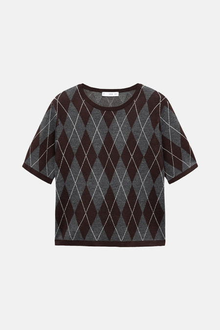 Sweat-shirt multicolore à col rond de MANGO, avec un motif carreaux d'argyle en marron et gris.