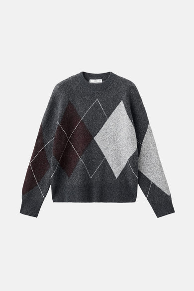 Sweat-shirt gris avec col rond de MANGO, vu par derrière, avec un motif à carreaux sur le bras.