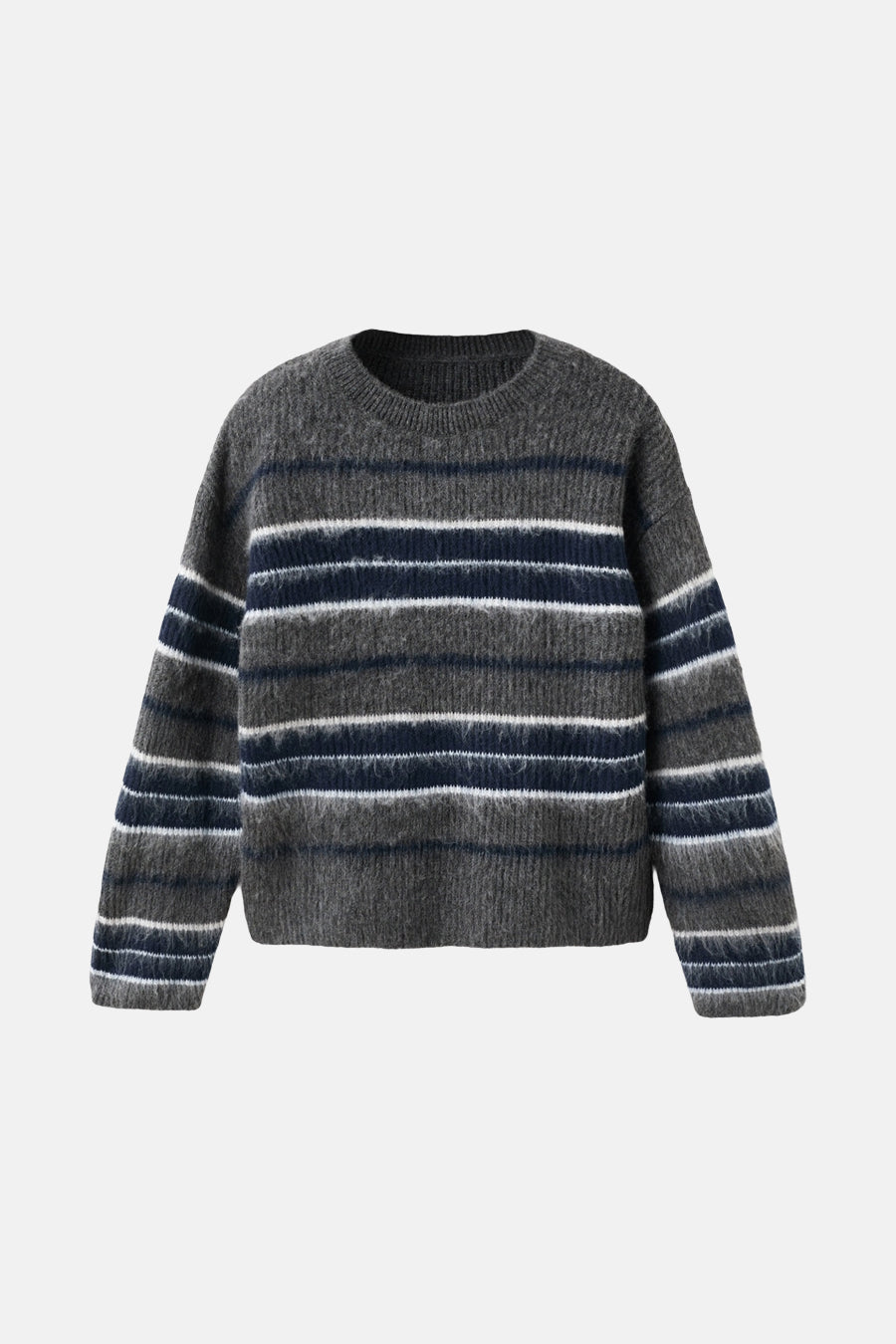 Gestreept, grijsblauwe wollen trui.