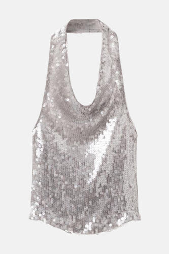 Zilverkleurige blouse zonder mouwen van MANGO, geheel bedekt met glanzende pailletten voor een feestelijke textuur.
