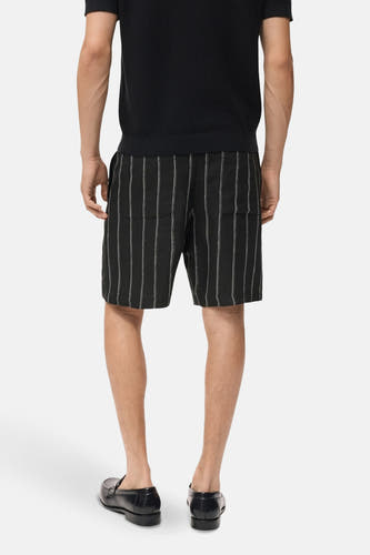 Zwarte short van MANGO met krijtstreep, gezien van achteren, gecombineerd met een zwart shirt en zwarte loafers.
