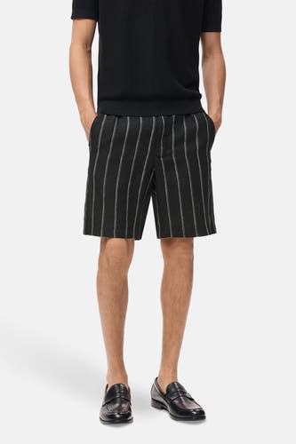 Zwarte short van MANGO, met witte krijtstrepen, gecombineerd met zwarte trui en leren loafers.