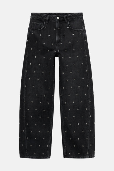 Donkergrijze denim jeans van MANGO, voorzien van zilverkleurige oogjes over het gehele oppervlak.
