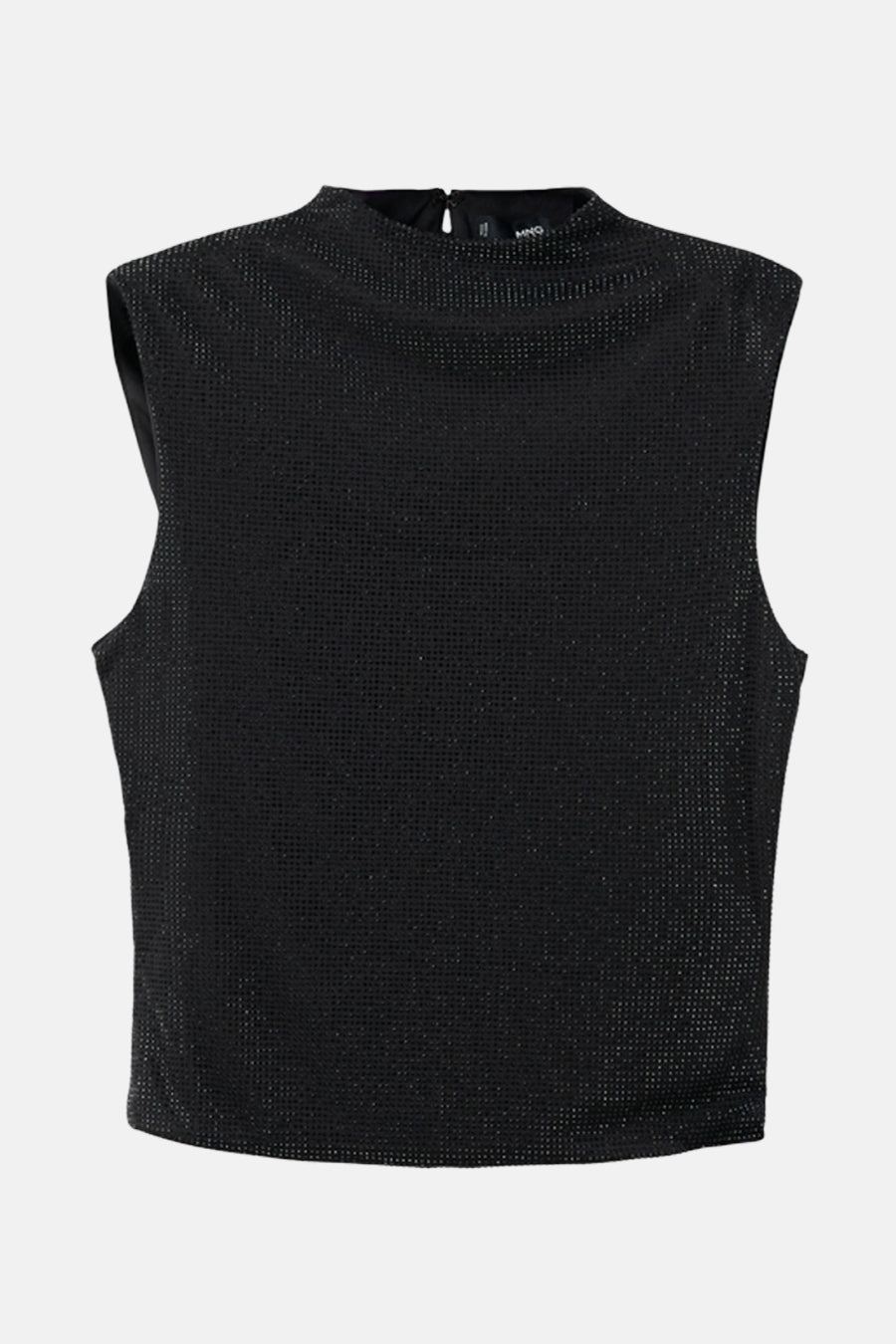 Blouse noire sans manches de MANGO, avec une texture scintillante et un col haut.