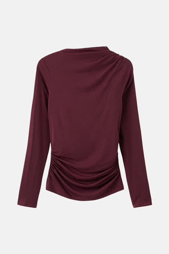 Bordeaux T-shirt met lange mouwen van MANGO, met draperingen aan de zijkant.