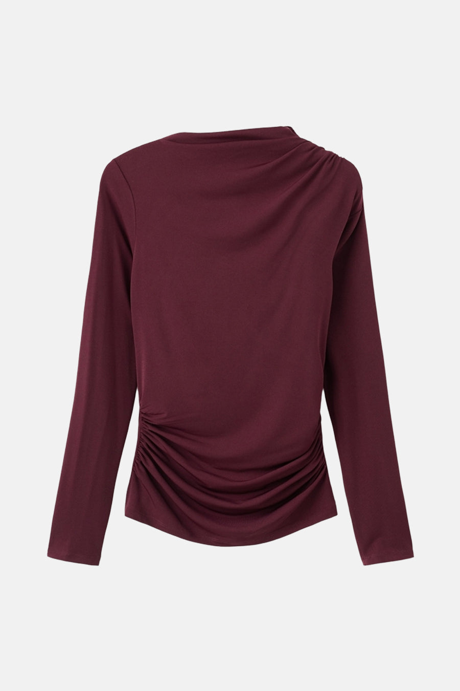 Bordeaux T-shirt met lange mouwen van MANGO, met draperingen aan de zijkant.