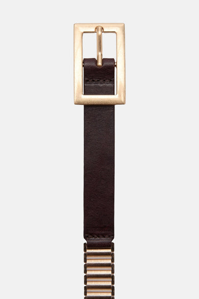 Gouden riem van MANGO, met een bruine leren band en een rechthoekige gesp.