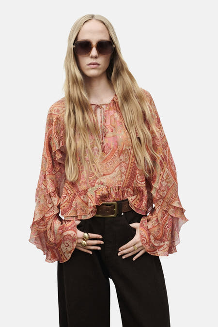 Multicolor blouse met lange mouwen van MANGO, met een paisley-patroon en een geplooide zoom.