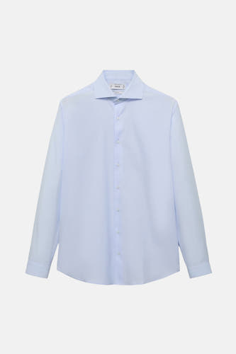 Chemise bleue à manches longues de MANGO, de couleur unie et avec une fermeture à boutons.