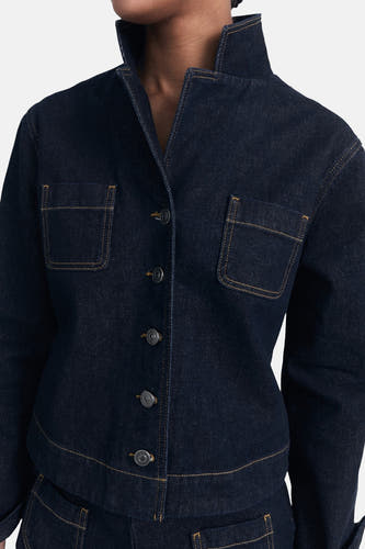Manteau de denim bleu marine MANGOANGO avec un col,,,, bouton et des poches po po po.