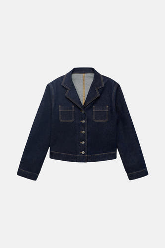 Veste en jeans bleu marine de MANGO avec longues manches, fermeture à boutons et poches po.