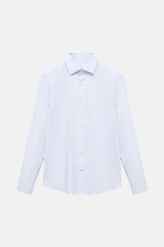 Blauw gestreept overhemd met lange mouwen van MANGO, met een klassieke kraag en knoopsluiting.