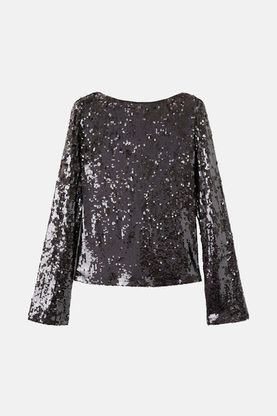 Bruine blouse met lange mouwen van MANGO, versierd met zilveren pailletten, op een witte achtergrond.
