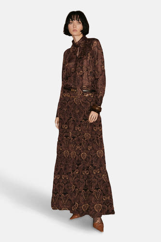 Bruine blouse met lange mouwen van MANGO, met een paisley print en een strik bij de hals.