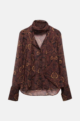 Bruine blouse met lange mouwen van MANGO, met paisleyprint en een losse kraag.
