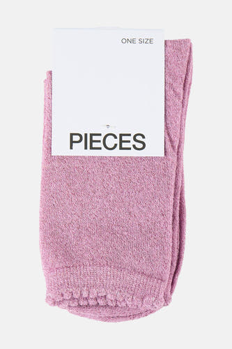 Chaussettes roses de Pieces, avec de subtils paillettes tissées dans le tissu et un bord replié.