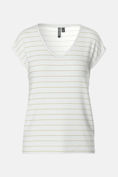 Wit T-shirt met korte mouwen van Pieces, met goudkleurige strepen en een V-hals.