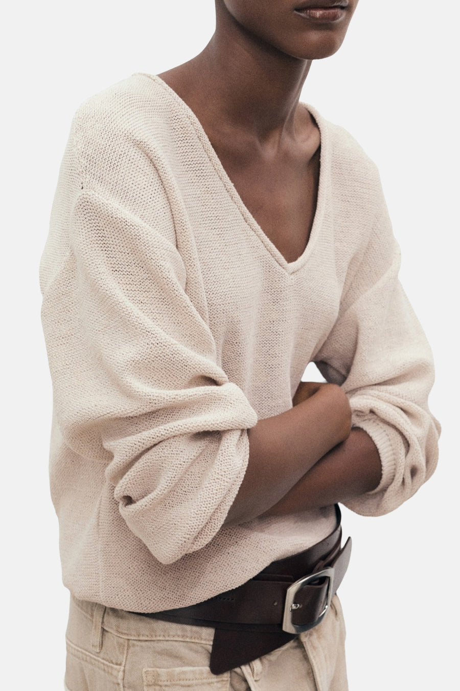 Pull à col en V - beige - MANGO