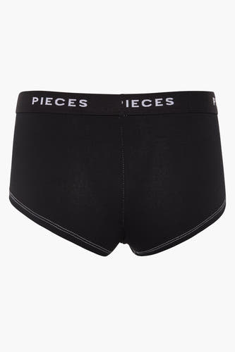Zwarte shorty van PIECES met witte stiksels en een elastische band met logo.