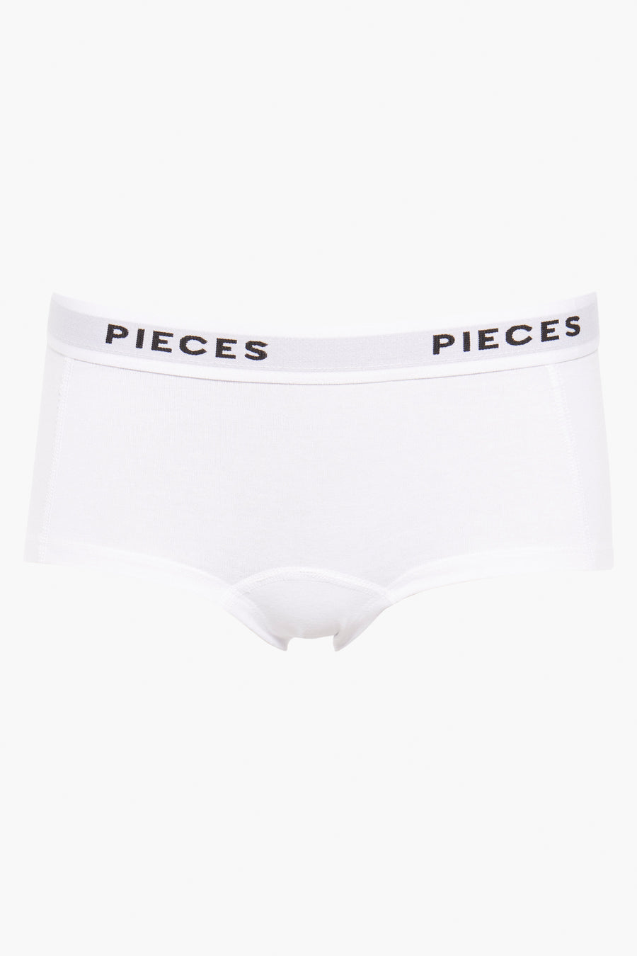 Shorty blanc de PIECES avec une taille élastique ornée du logo de la marque, vu de dos.