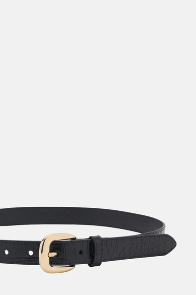 Ceinture noire de MANGO, avec boucle dorée et imprimé crocodile.