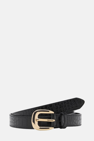 Ceinture noire de MANGO avec un imprimé crocodile et une boucle dorée.