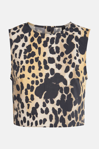 Beige mouwloze blouse van MANGO, met een opvallende luipaardprint en een cropmodel.