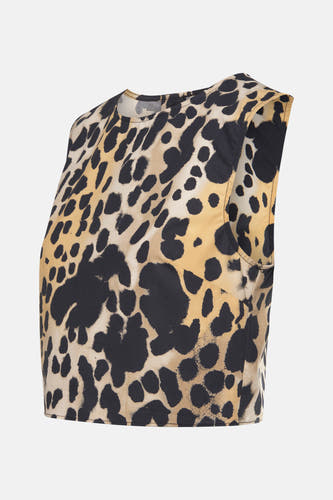 Mouwloze blouse, beige van kleur van MANGO, met een luipaardprint en een ronde halslijn, in aanzicht.