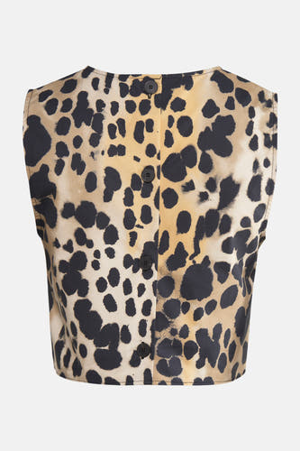 Mouwloze beige blouse van MANGO met luipaardprint en knoopsluiting op de rug.
