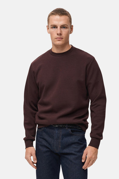 Pull-over marron avec col rond de MANGO, porté avec un jean foncé et une ceinture tressée.